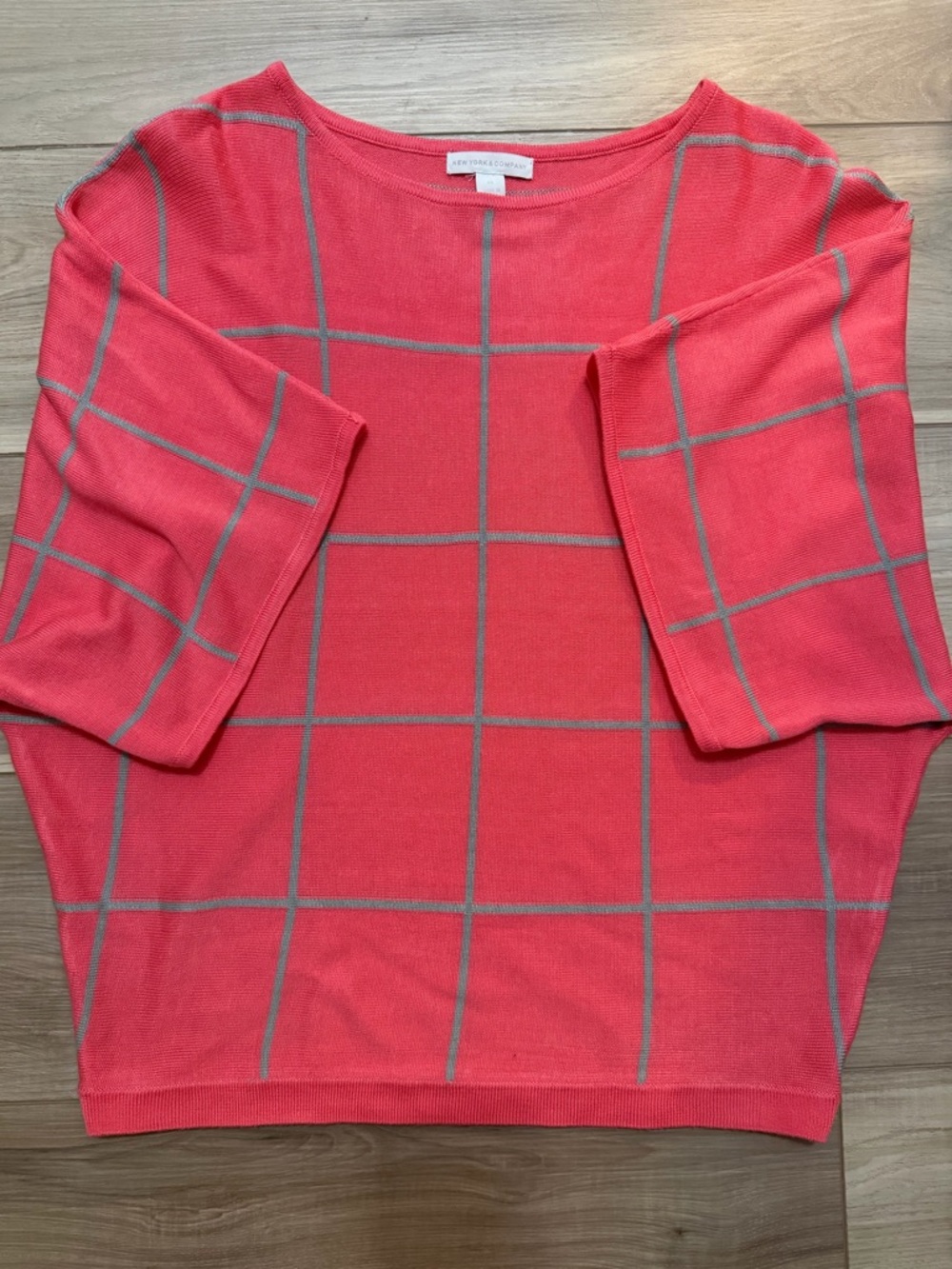 New York & Company Coral Scoopneck Windowpane Grid Sweater